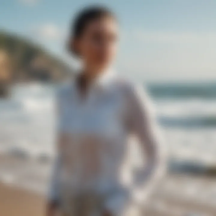 Anetik sun shirt displayed against a backdrop of ocean waves