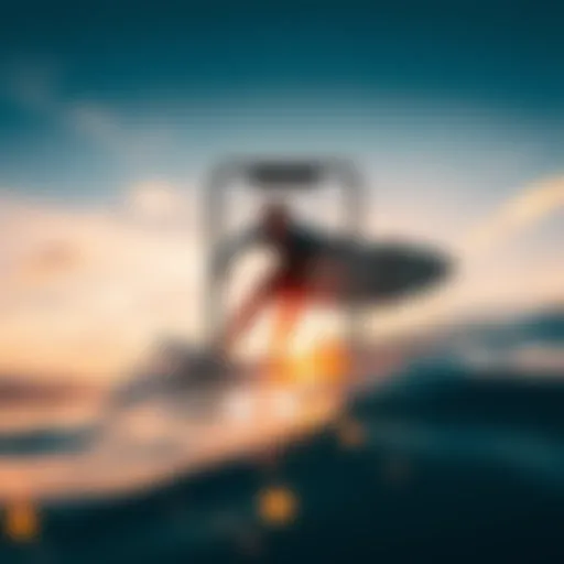 Surfing at sunset with an app interface overlay