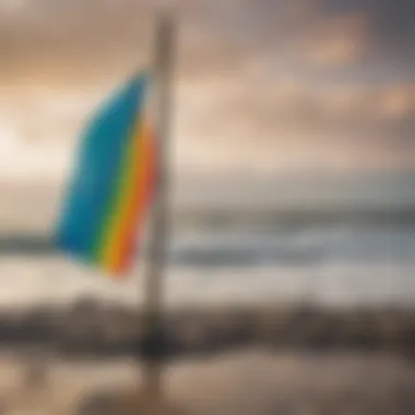 Brightly colored beach flags indicating water conditions