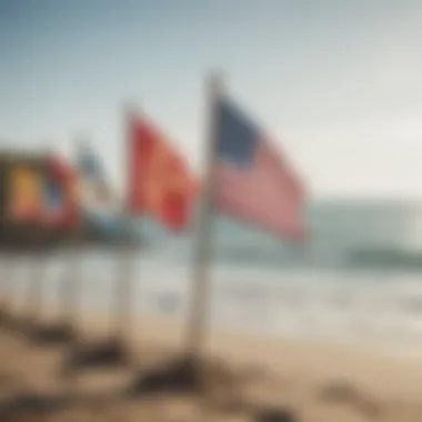 A serene beach scene with flags in the background