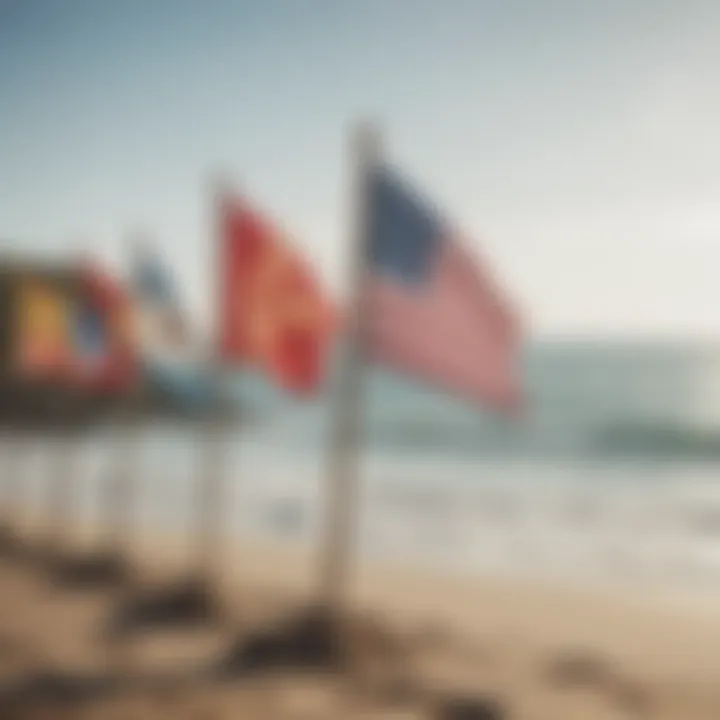 A serene beach scene with flags in the background