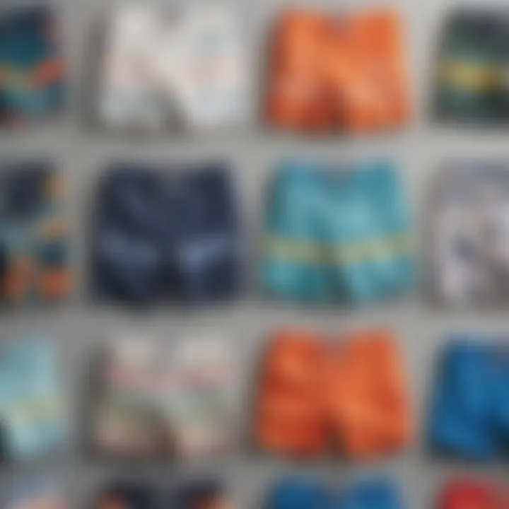 Various designs of board shorts displayed together