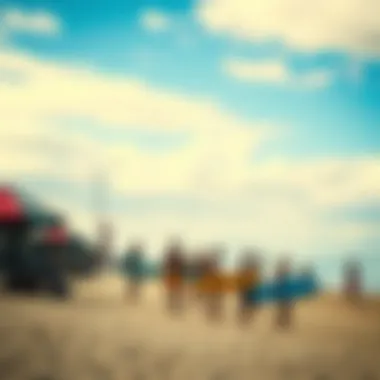 Vibrant beach community with surfers and beachgoers
