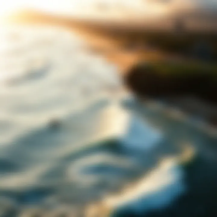 An aerial shot of surfers riding the waves at Sunset Beach.