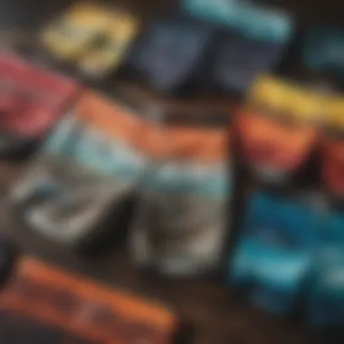 Collection of various Billabong custom boardshorts on display