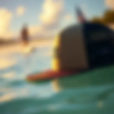 A vibrant beach scene featuring the Billabong Heritage Mashup Trucker Hat in an aquatic setting