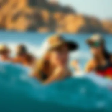 Stylish individuals wearing the Billabong Heritage Mashup Trucker Hat during water sports activities