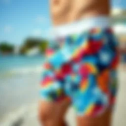 A stylish pair of boardwalk shorts with a vibrant pattern.