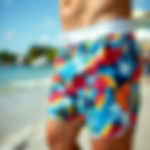 A stylish pair of boardwalk shorts with a vibrant pattern.