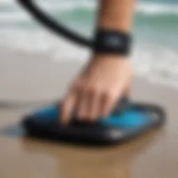 A close-up view of a boogie board wrist leash showing its features and design.