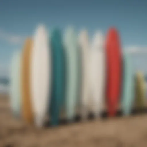 Various surfboard types lined up on a beach