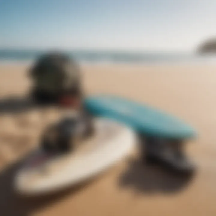 Surfing gear neatly arranged on the sand, ready for an adventure.