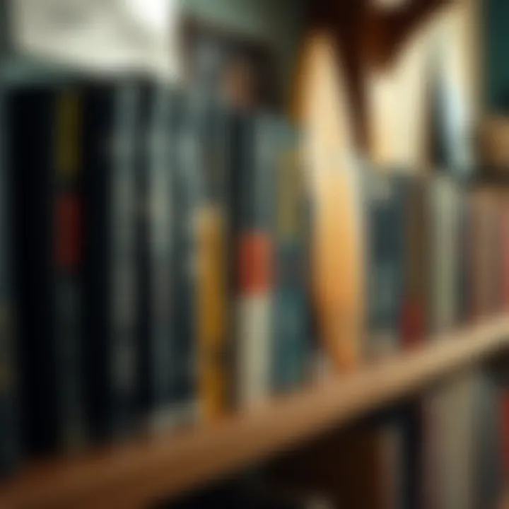 An array of revered surfing books neatly arranged on a shelf.