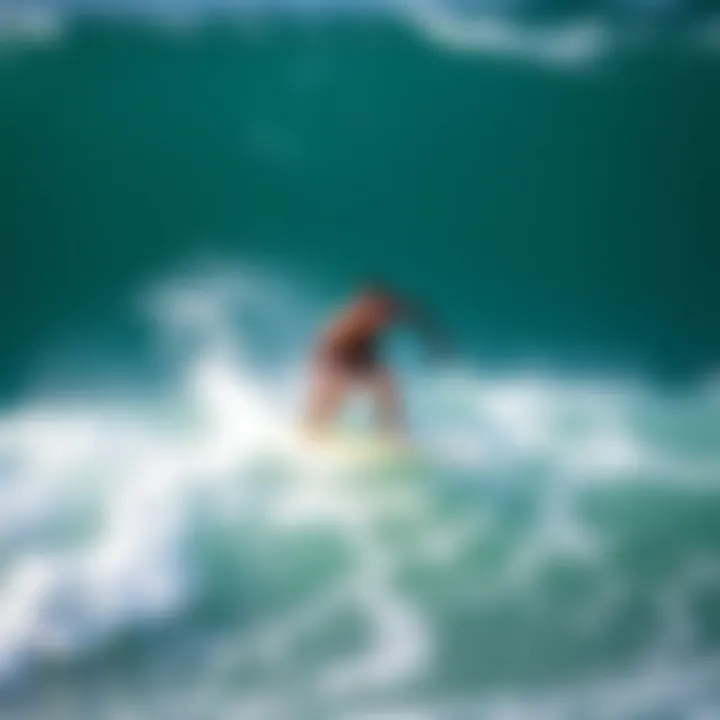 Dynamic action shot of a surfer riding a wave on a six-foot surfboard