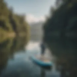 Dynamic view of an eight-foot inflatable paddle board on a serene lake