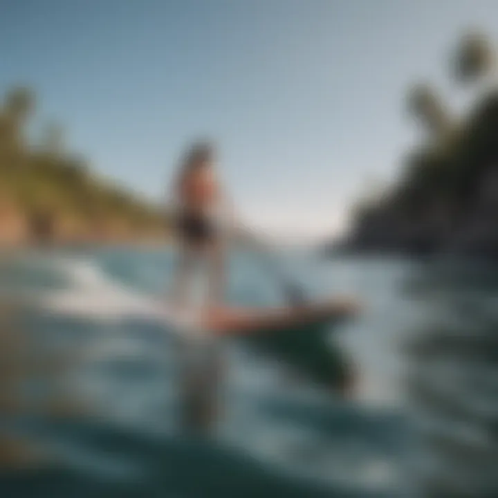 A user navigating the paddle board smoothly through gentle waves