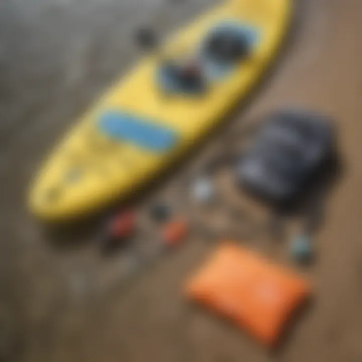 Safety gear laid out next to the paddle board, highlighting essential accessories