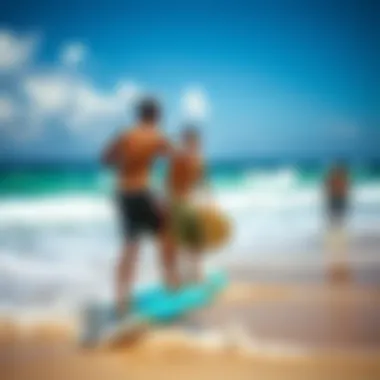 A picturesque beach scene with boogie boarders enjoying the waves, reflecting local regulations and community.