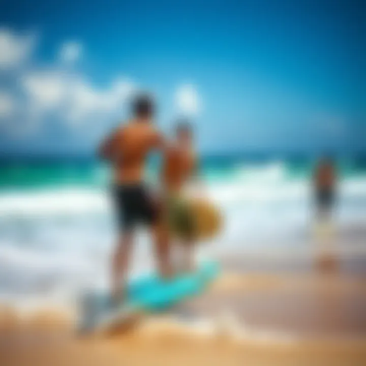 A picturesque beach scene with boogie boarders enjoying the waves, reflecting local regulations and community.