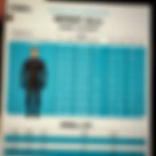 Detailed view of an O'Neill wetsuit size chart highlighting various sizes and measurements.