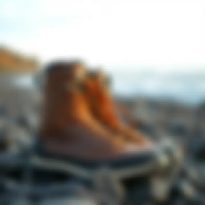 Detailed view of surf boots showcasing intricate design and materials.