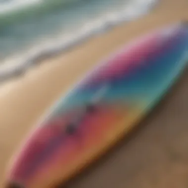 Close-up view of a surfboard with vibrant design