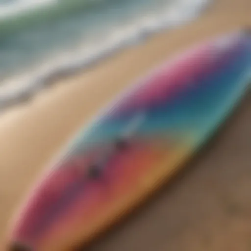 Close-up view of a surfboard with vibrant design