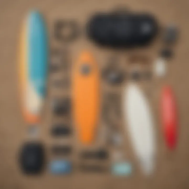 An array of surfing accessories laid out on the beach