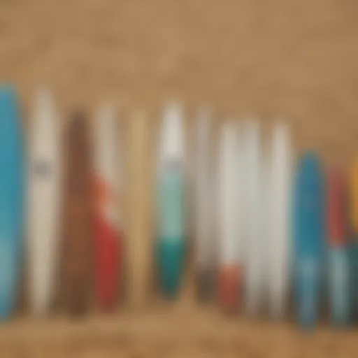 A collection of various surfboards displayed on a sandy beach