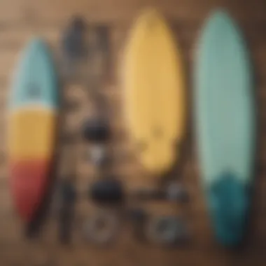 Various surfing accessories laid out on a wooden deck