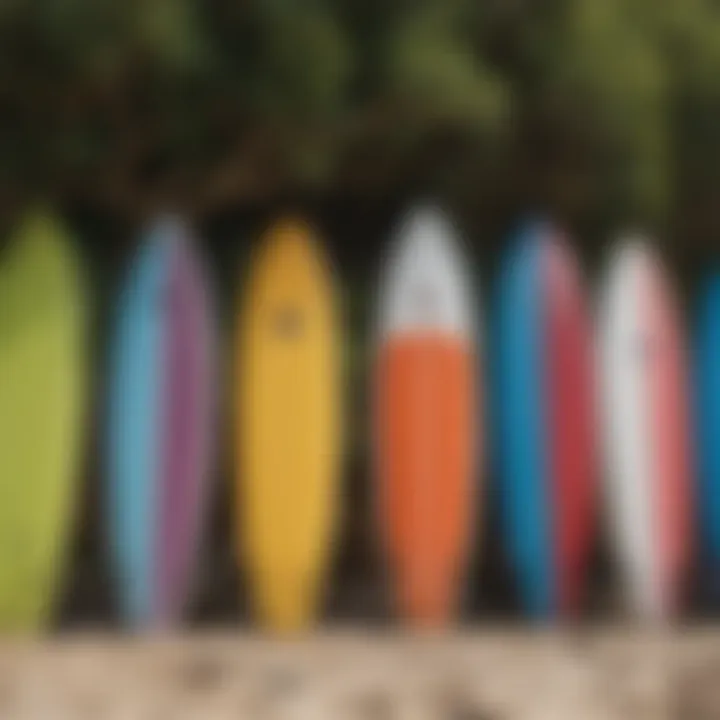 Colorful surfboards lined up on the beach