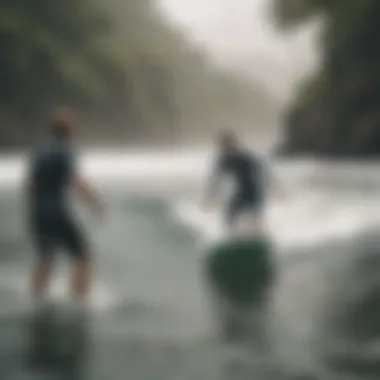 Surf school instructor guiding students in the water