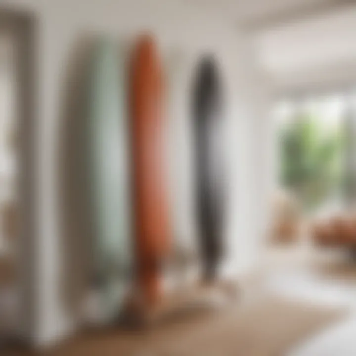 Stylish surfboard rack integrated into a modern living space