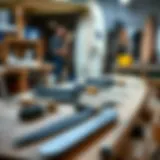 Essential Surfboard Shaping Tools An array of surfboard shaping tools laid out on a workbench.