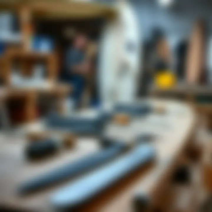 Essential Surfboard Shaping Tools An array of surfboard shaping tools laid out on a workbench.