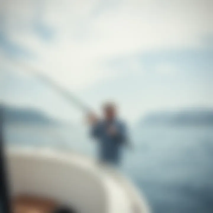 Angler casting a line from a boat with the stunning coastal landscape of Lima in the background