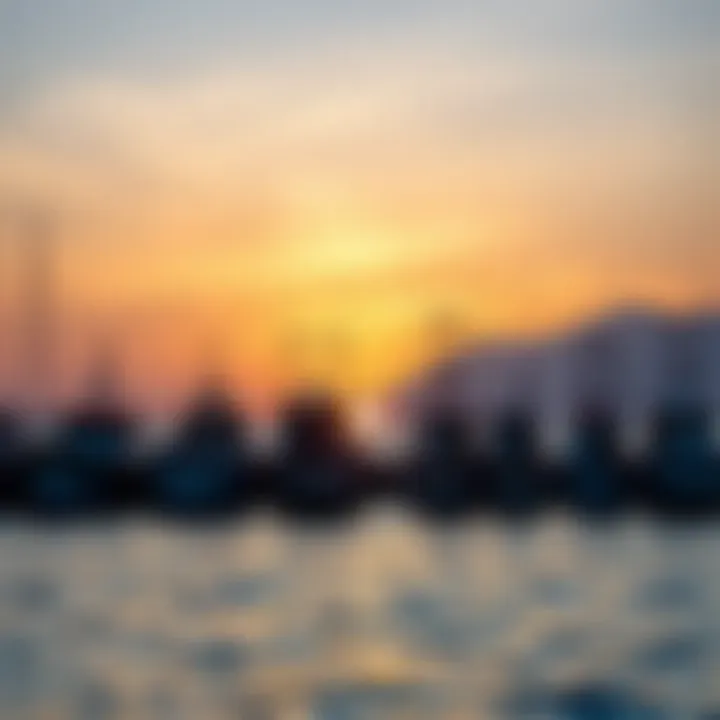 Scenic view of a group of fishing boats at sunset in Lima's harbor