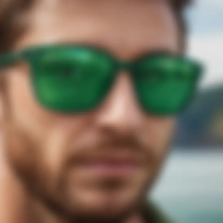 Close-up of innovative lens technology in emerald green sunglasses