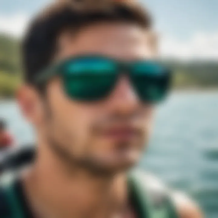 A group of watersports enthusiasts wearing emerald green sunglasses