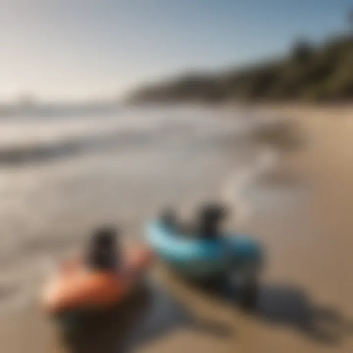 A group of enthusiasts enjoying remote control surfer toys at the beach