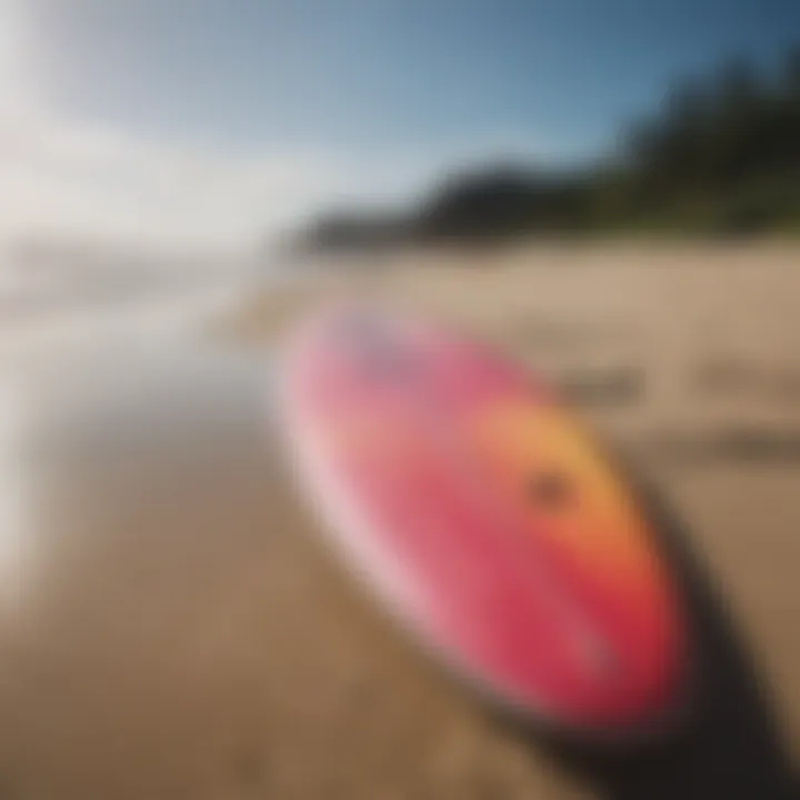 A brightly colored surfboard resting on the sandy beach ready for a surfing adventure