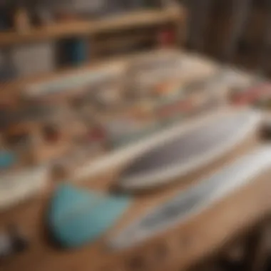 A range of surfboard shaping tools laid out on a workbench