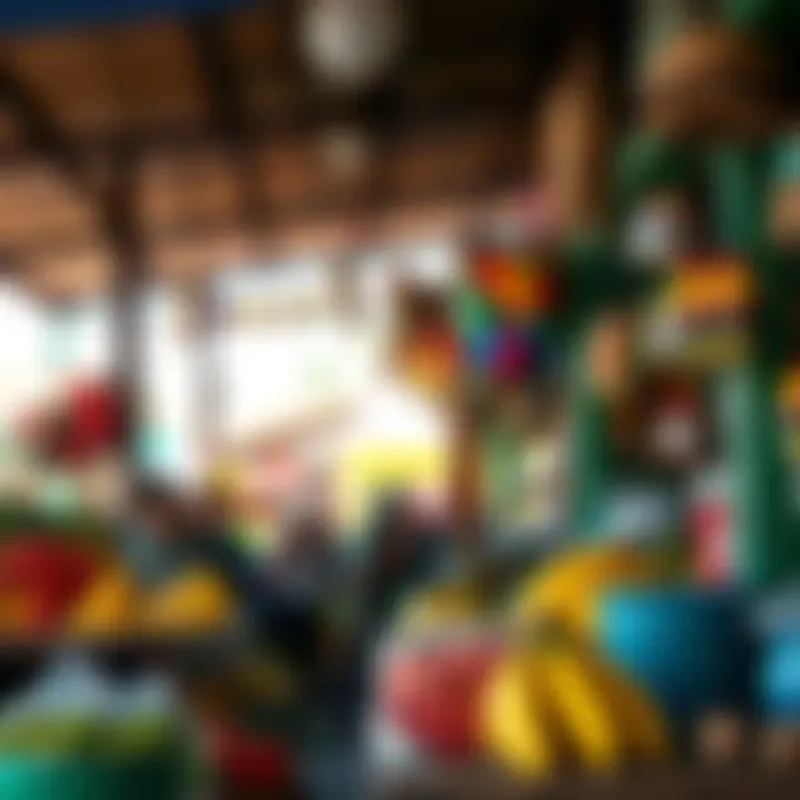 A vibrant local market scene in St. Lucia, filled with colorful crafts and fresh produce.