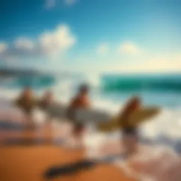 Vibrant beach scene showcasing surfers riding waves