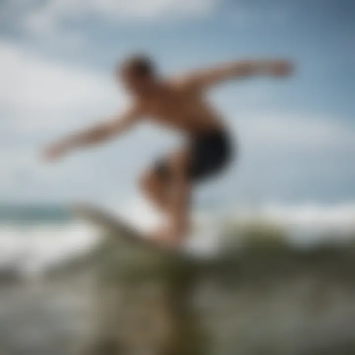 An action shot of a rider performing tricks on a skimboard