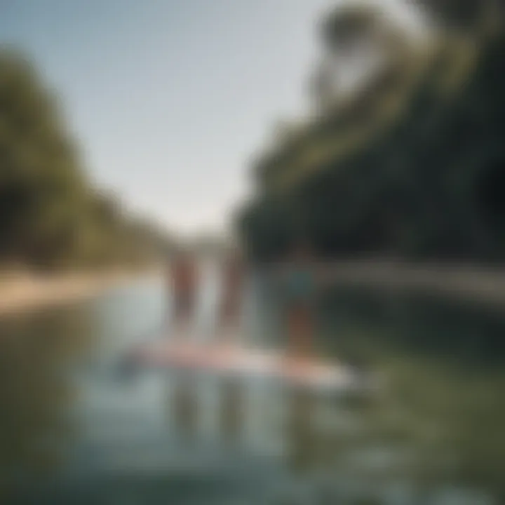 A group of enthusiastic watersport lovers enjoying paddleboarding on a calm sea near Beach Peach.