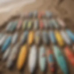 Variety of fish surfboards displayed on the beach