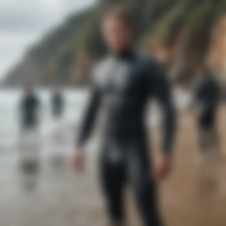 Variety of surf wetsuits displayed for selection