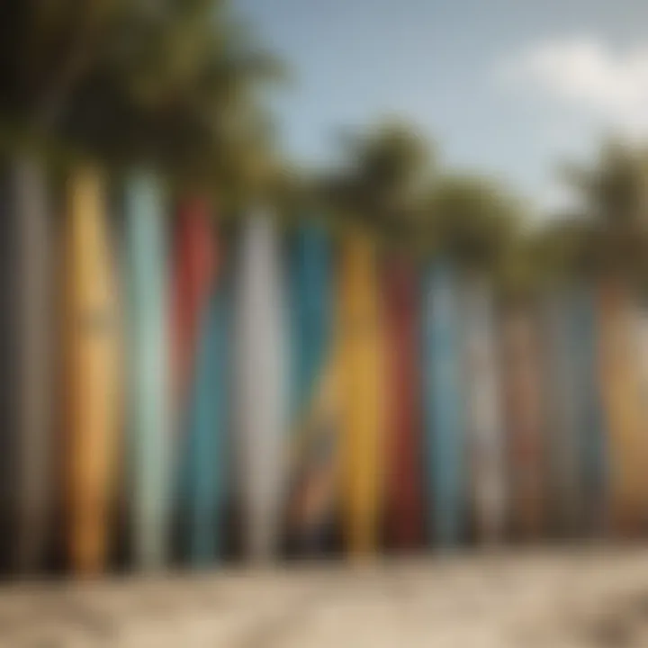 A collection of stylish surfboards lined up on the beach, reflecting various brands.