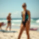 Stylish cheeky springsuit displayed against a beach backdrop